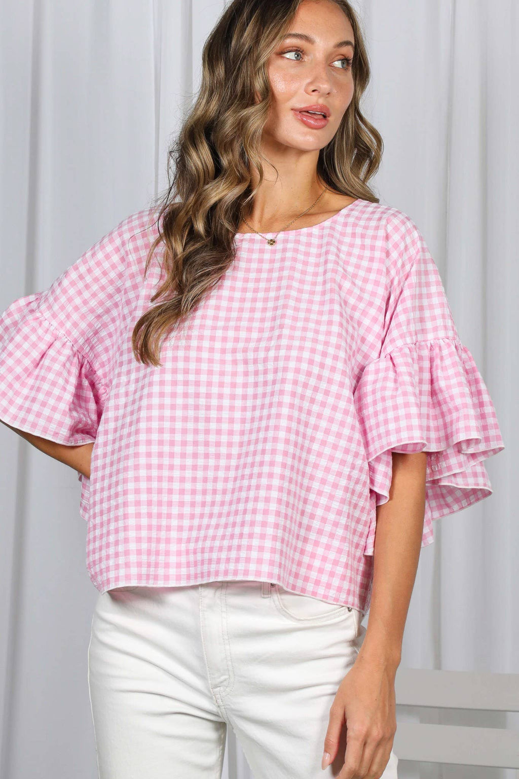 Pink Flowy Sleeve Gingham Top