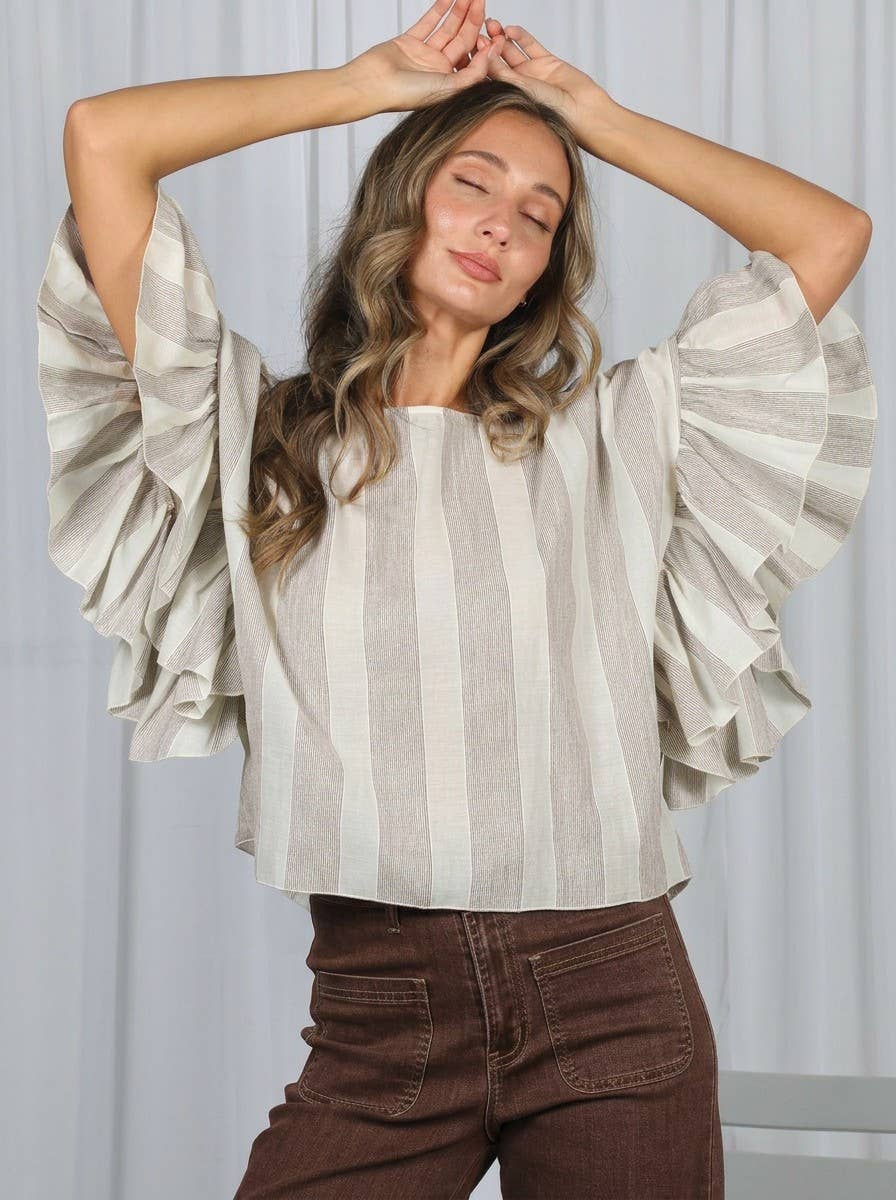 Taupe Flowy Sleeve Striped Top