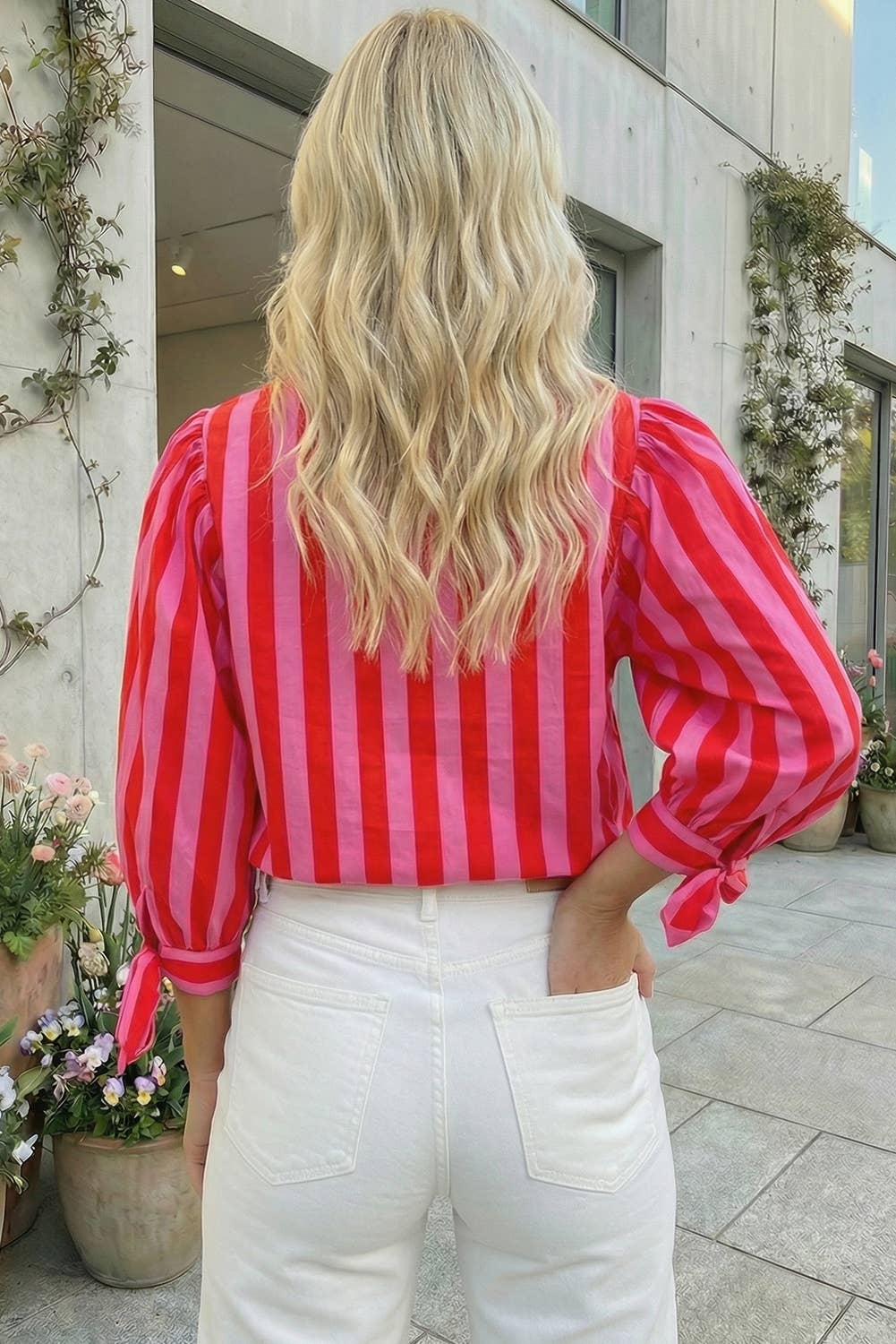 Pink & Red Striped Button Down Top