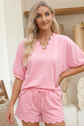 Scalloped V-Neck Top and Shorts Set