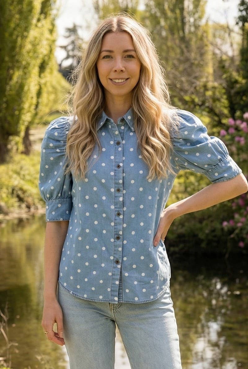 Polka Dot Collared Puff Sleeve