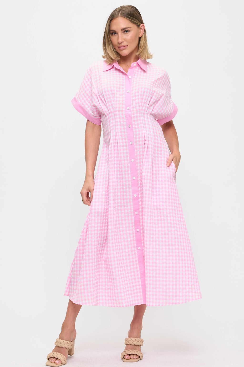 Pink Checkered Midi Dress