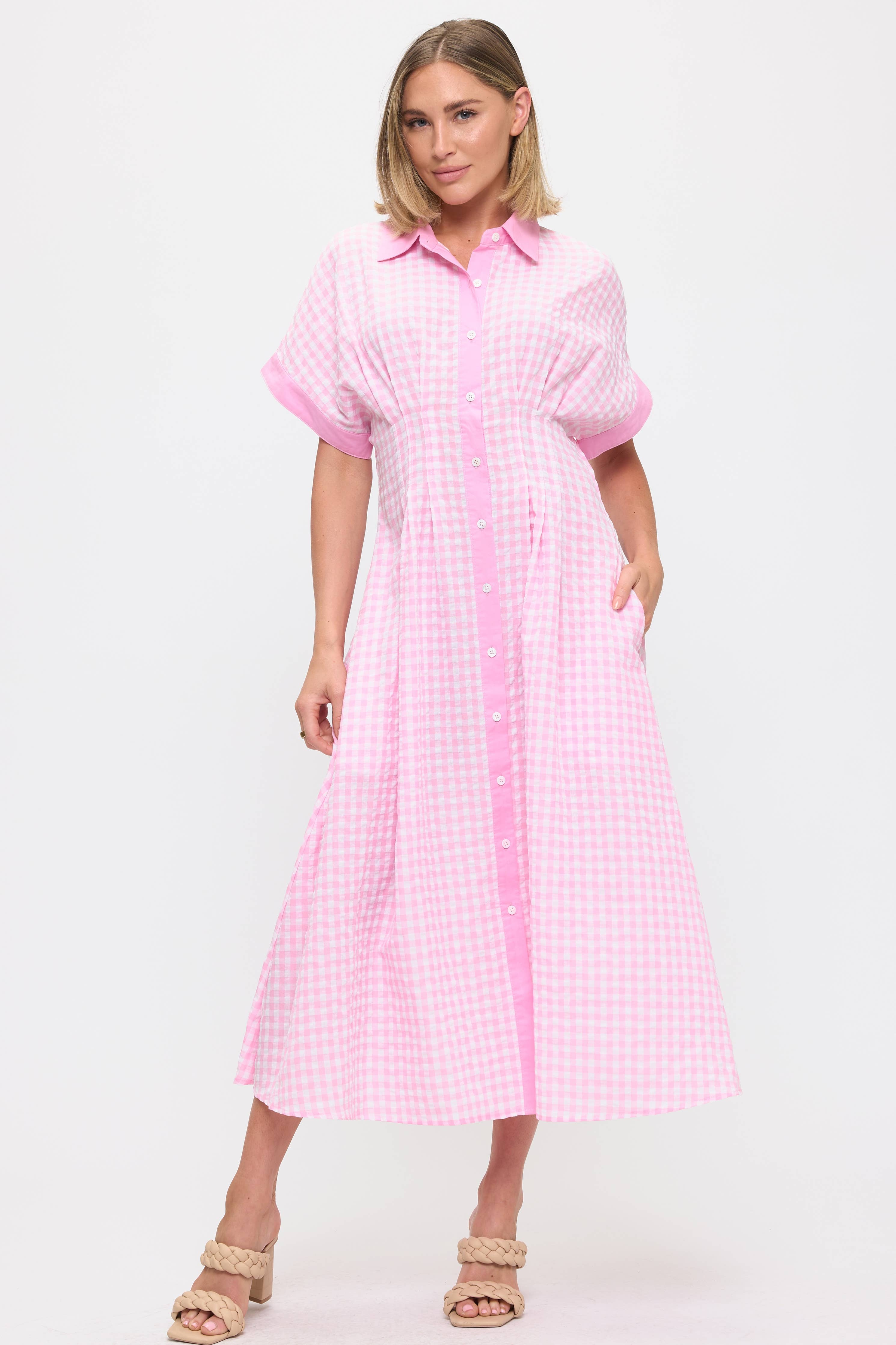 Pink Checkered Midi Dress
