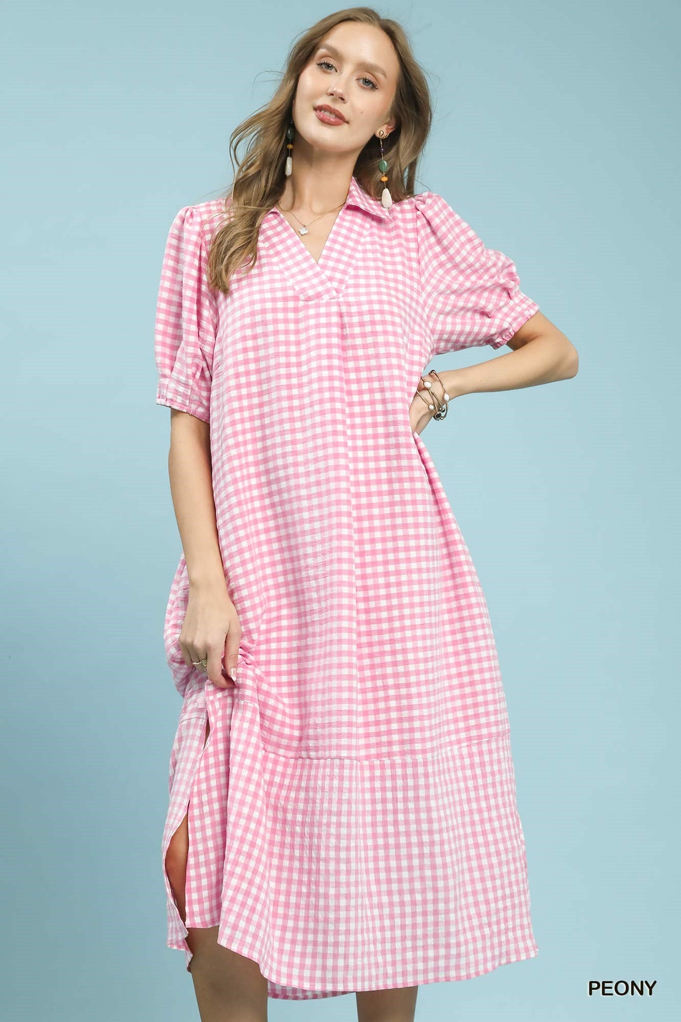Pink Gingham Midi Dress