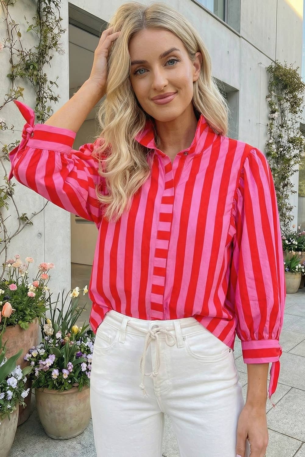 Pink & Red Striped Button Down Top