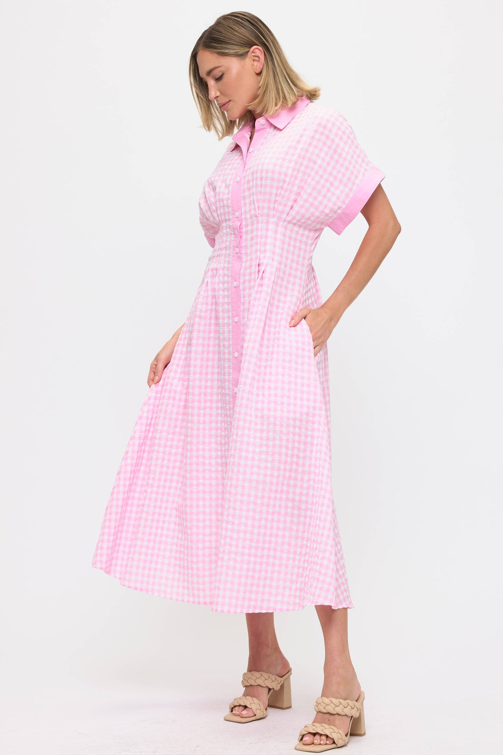 Pink Checkered Midi Dress