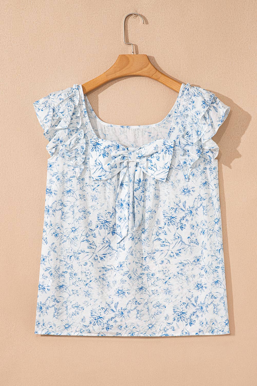 Blue Floral Ruffled Sleeve Bow Back Top