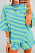 Green & Blue Striped Short Sleeve Shorts Set
