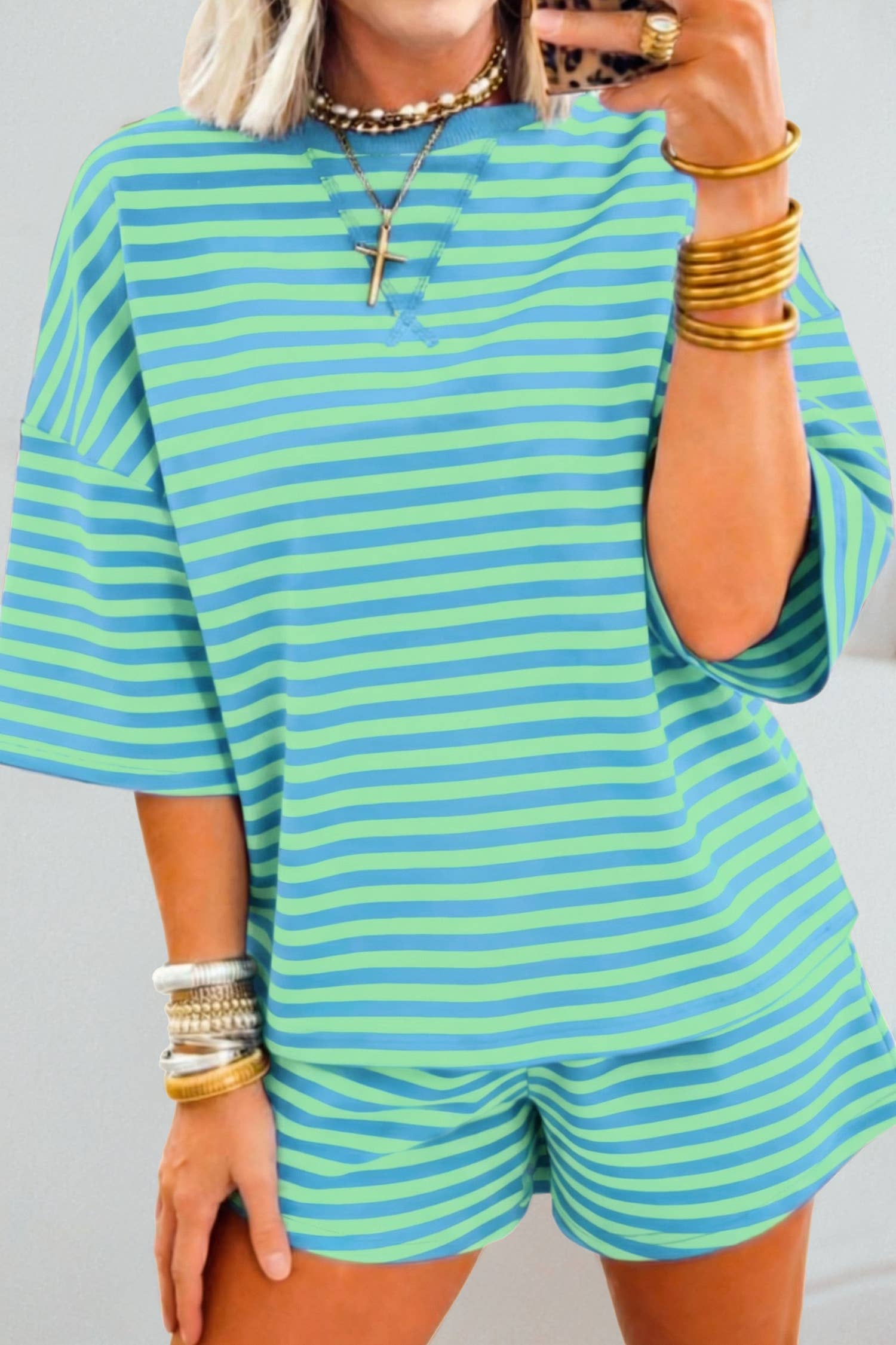 Green & Blue Striped Short Sleeve Shorts Set