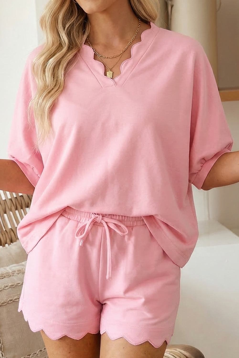 Scalloped V-Neck Top and Shorts Set