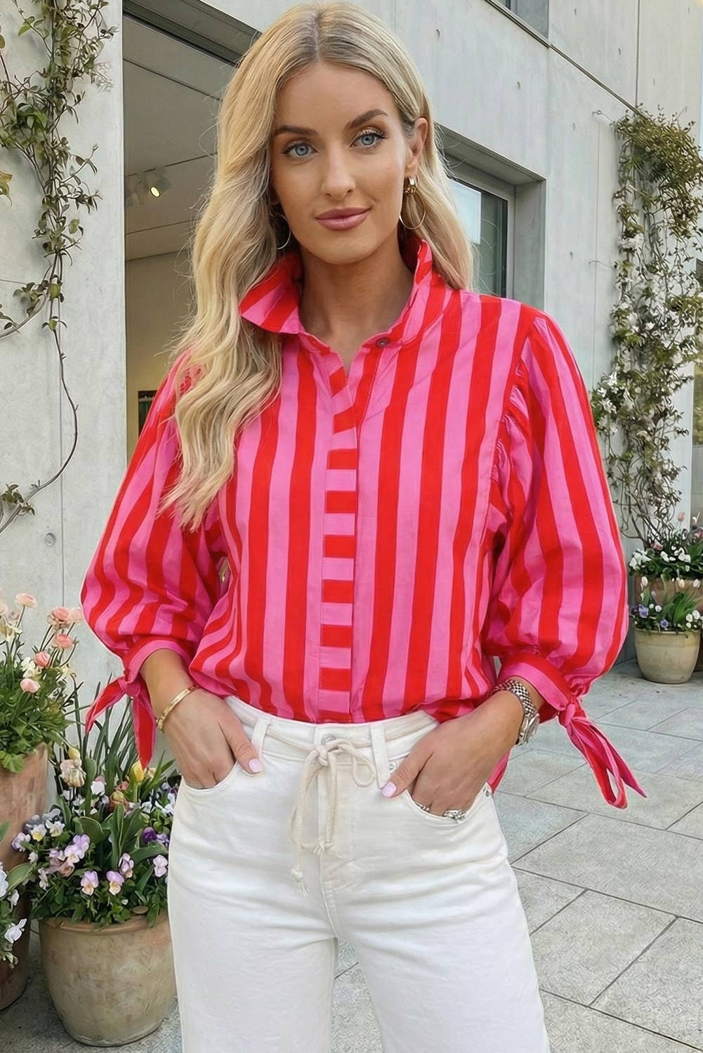 Pink & Red Striped Button Down Top