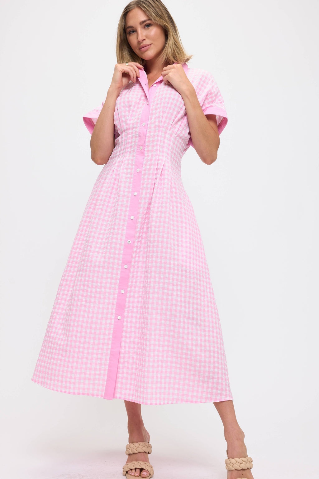 Pink Checkered Midi Dress