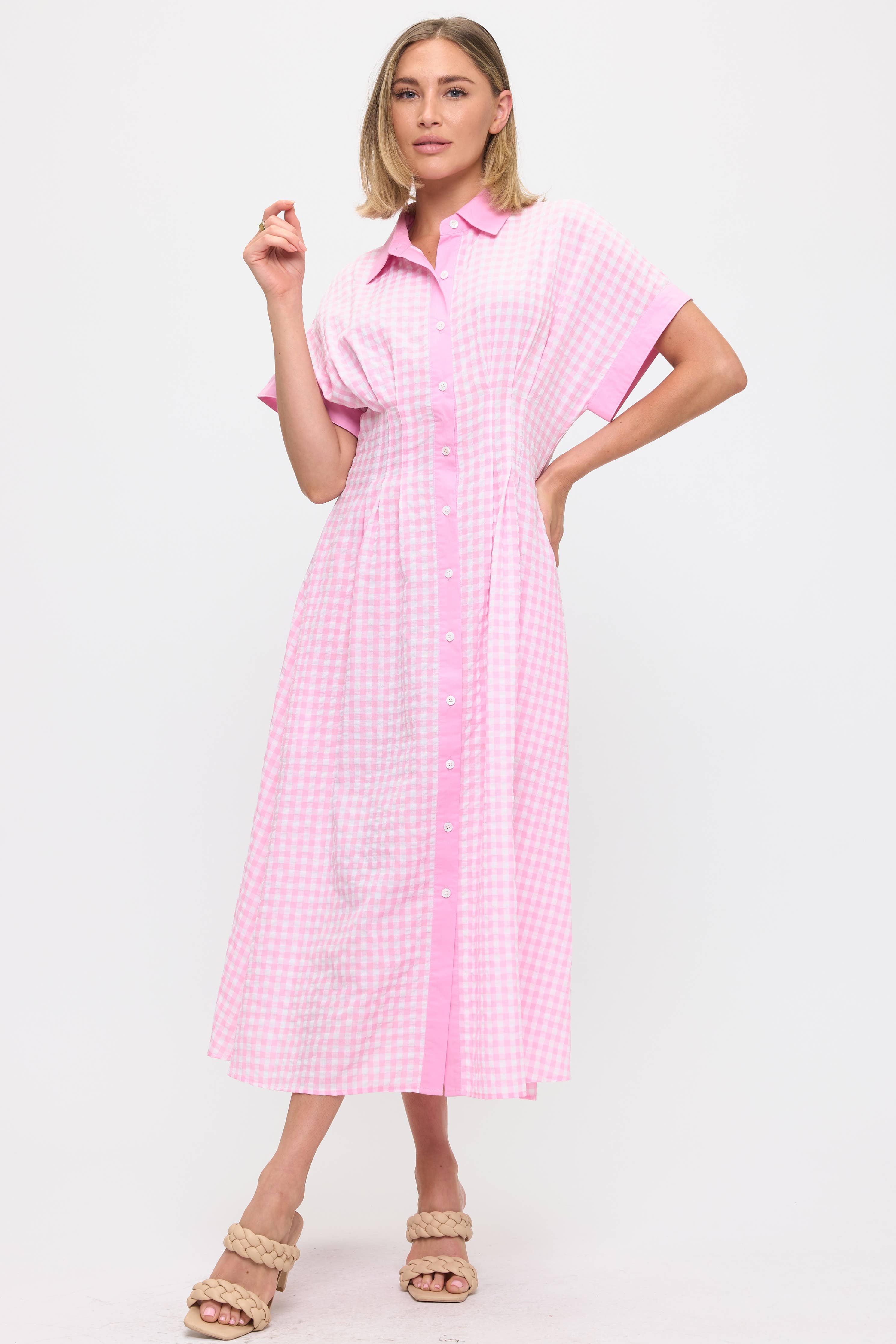 Pink Checkered Midi Dress