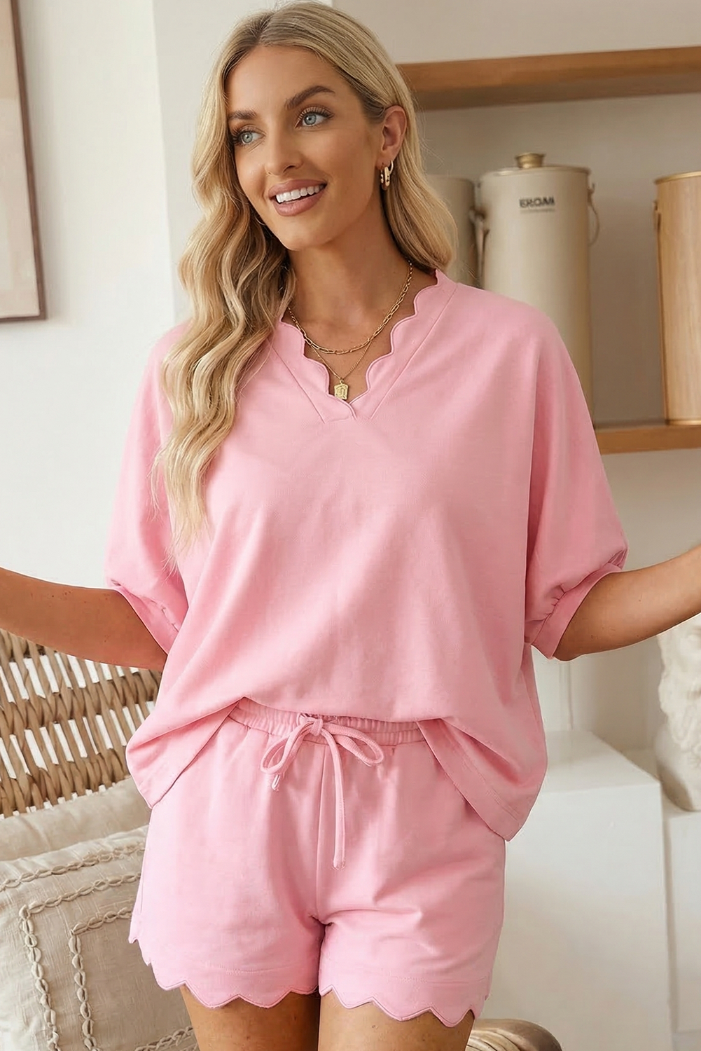 Scalloped V-Neck Top and Shorts Set