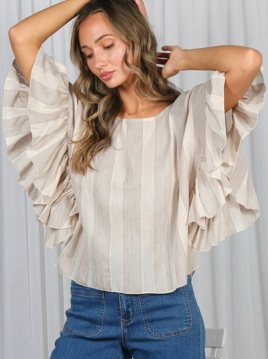 Taupe Flowy Sleeve Striped Top