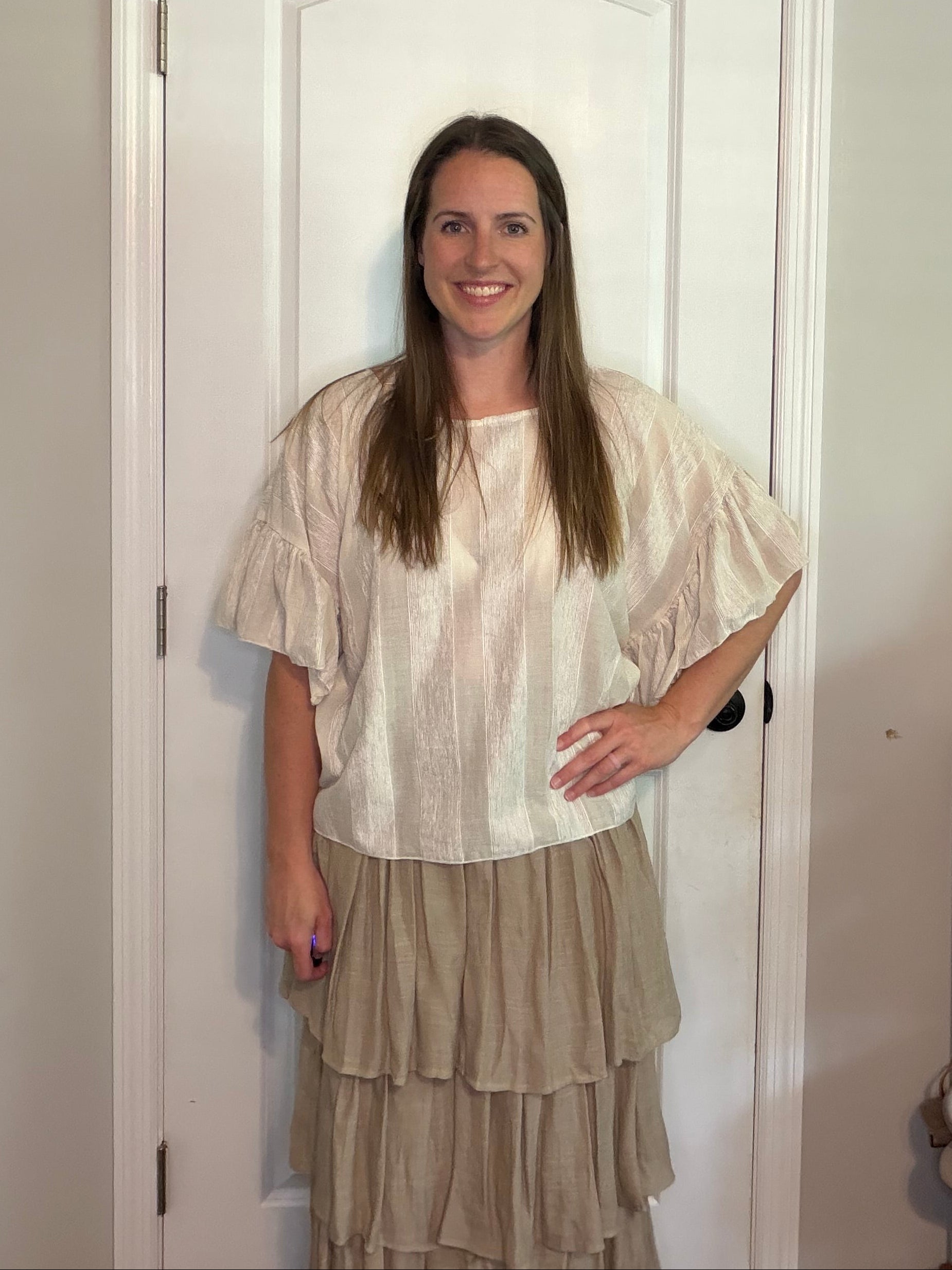 Taupe Flowy Sleeve Striped Top