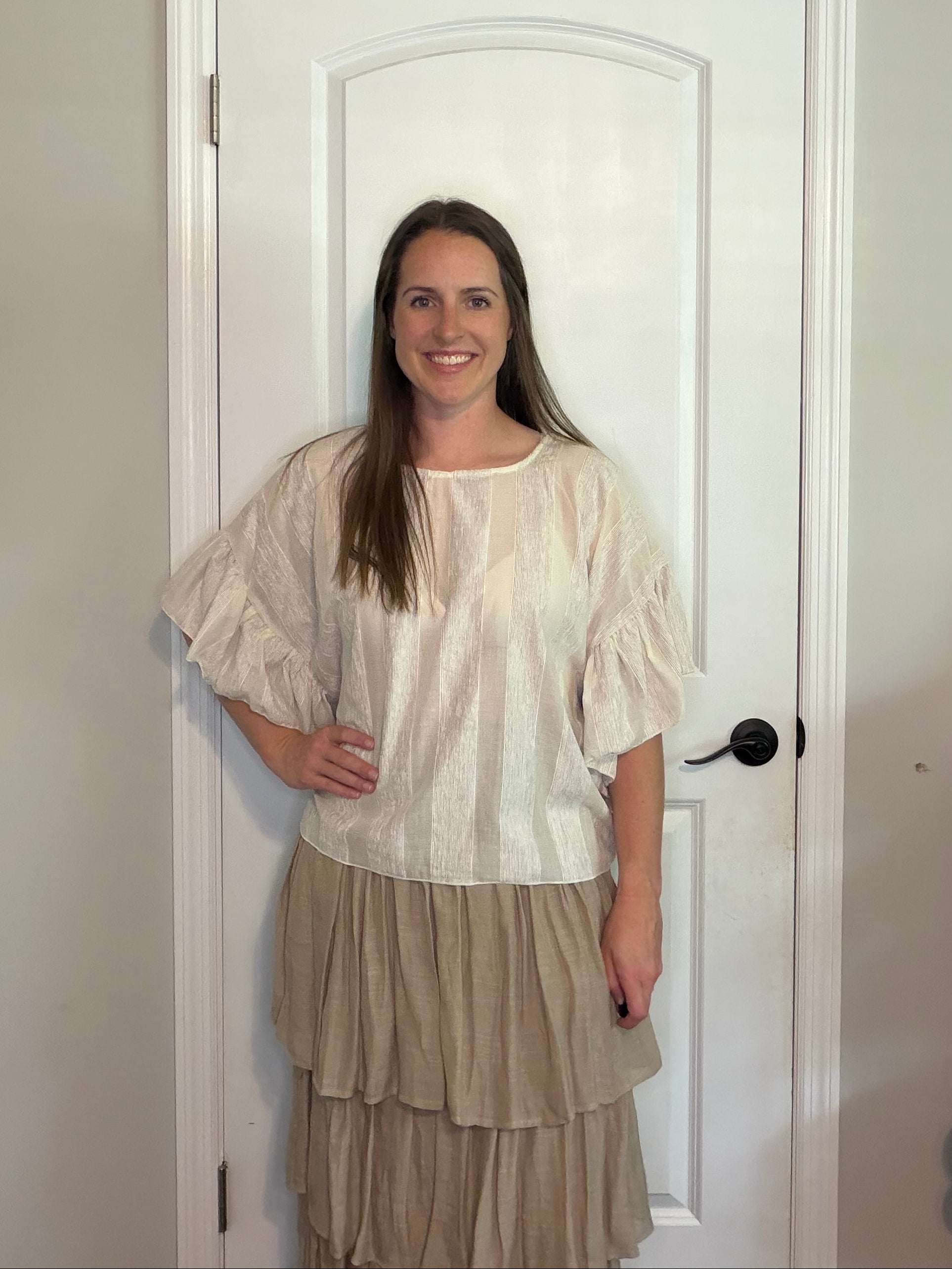 Taupe Flowy Sleeve Striped Top