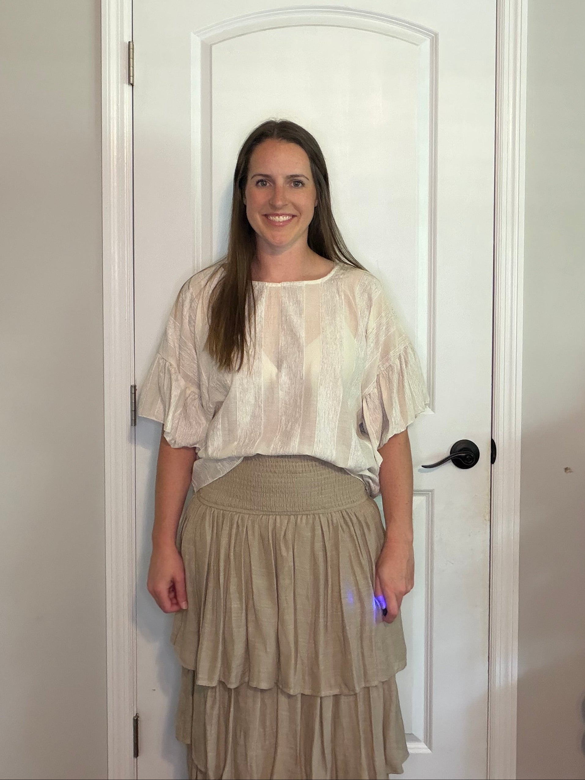 Taupe Flowy Sleeve Striped Top