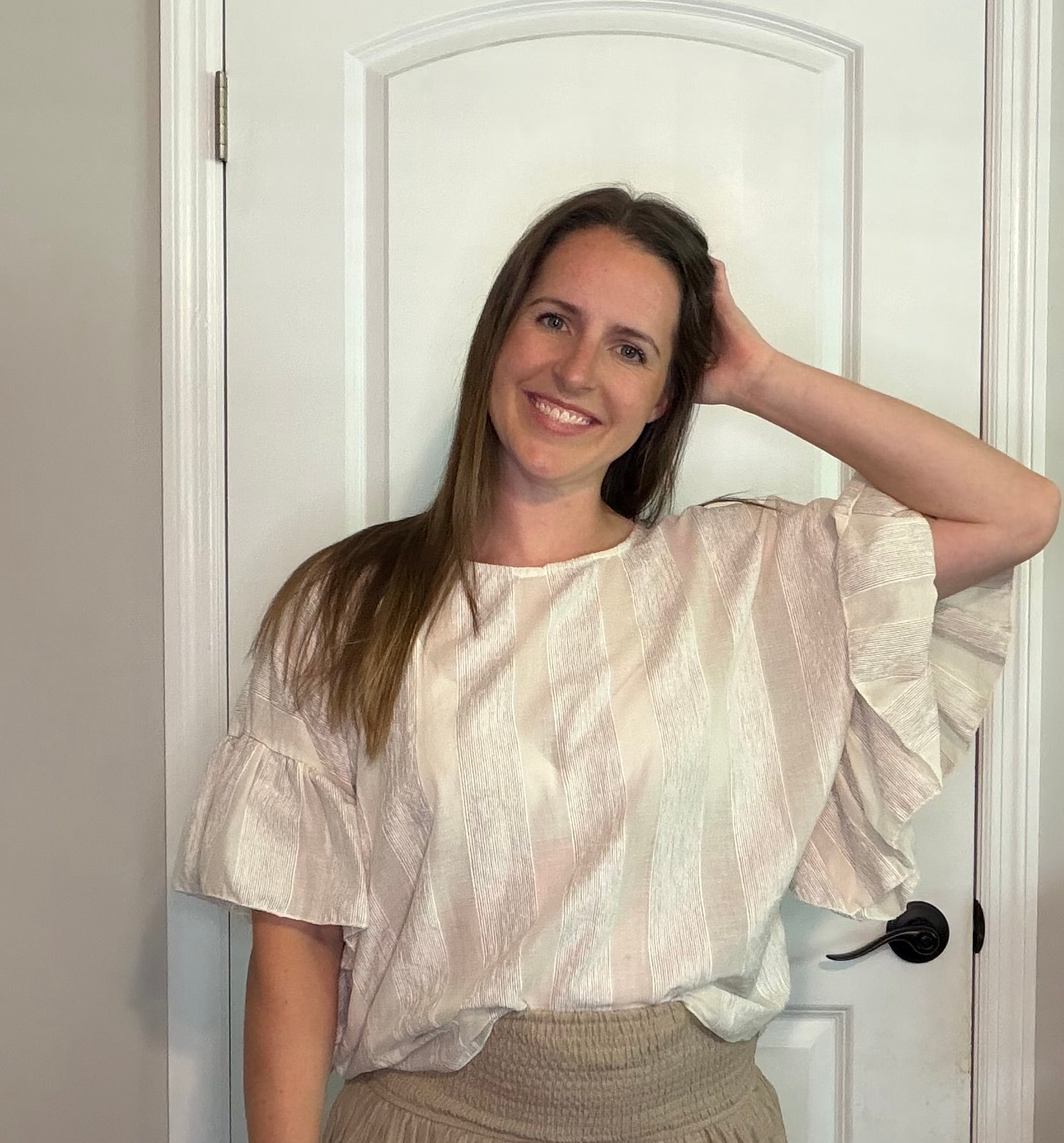 Taupe Flowy Sleeve Striped Top