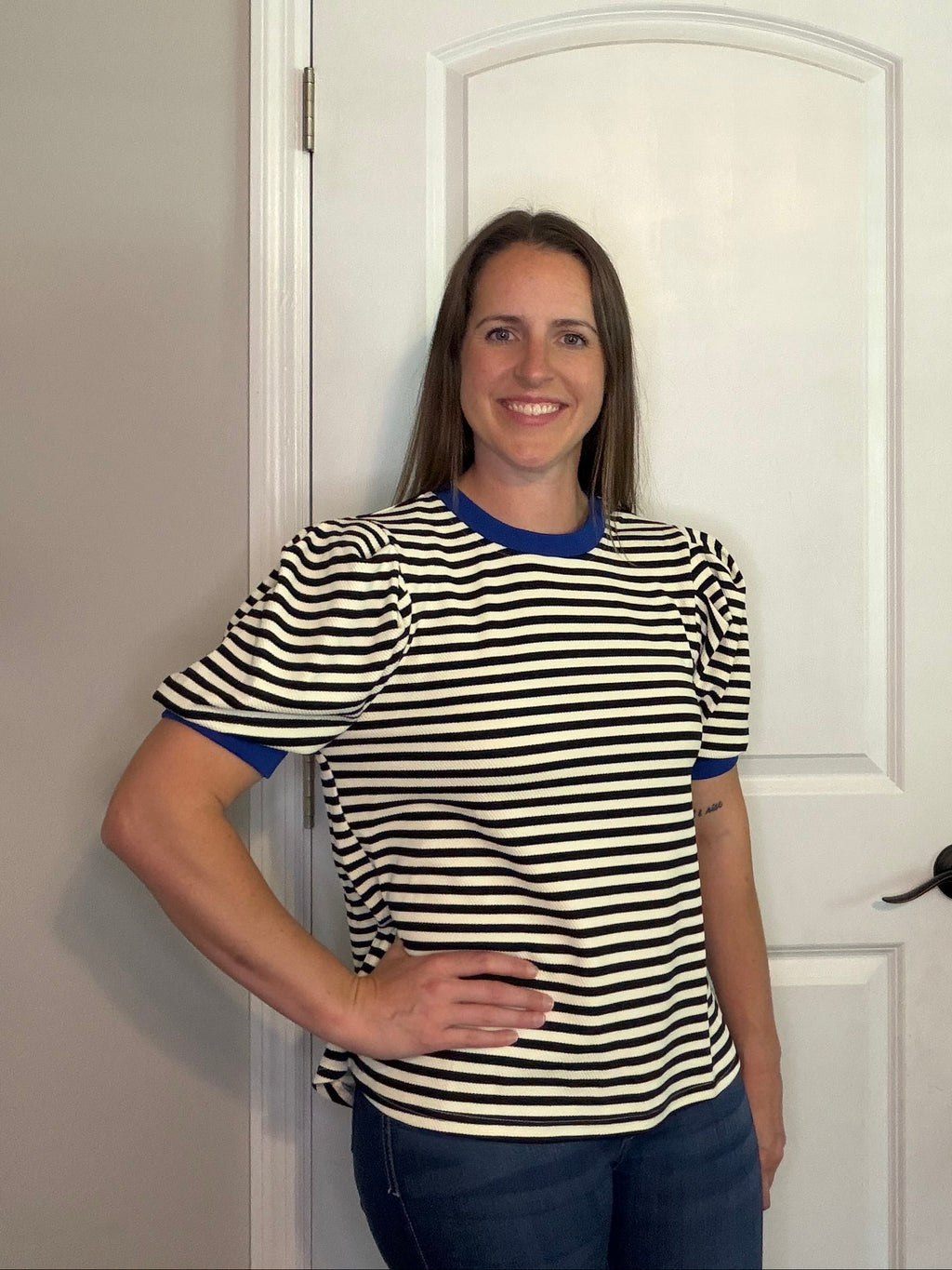 Black Striped Blue Collar Top