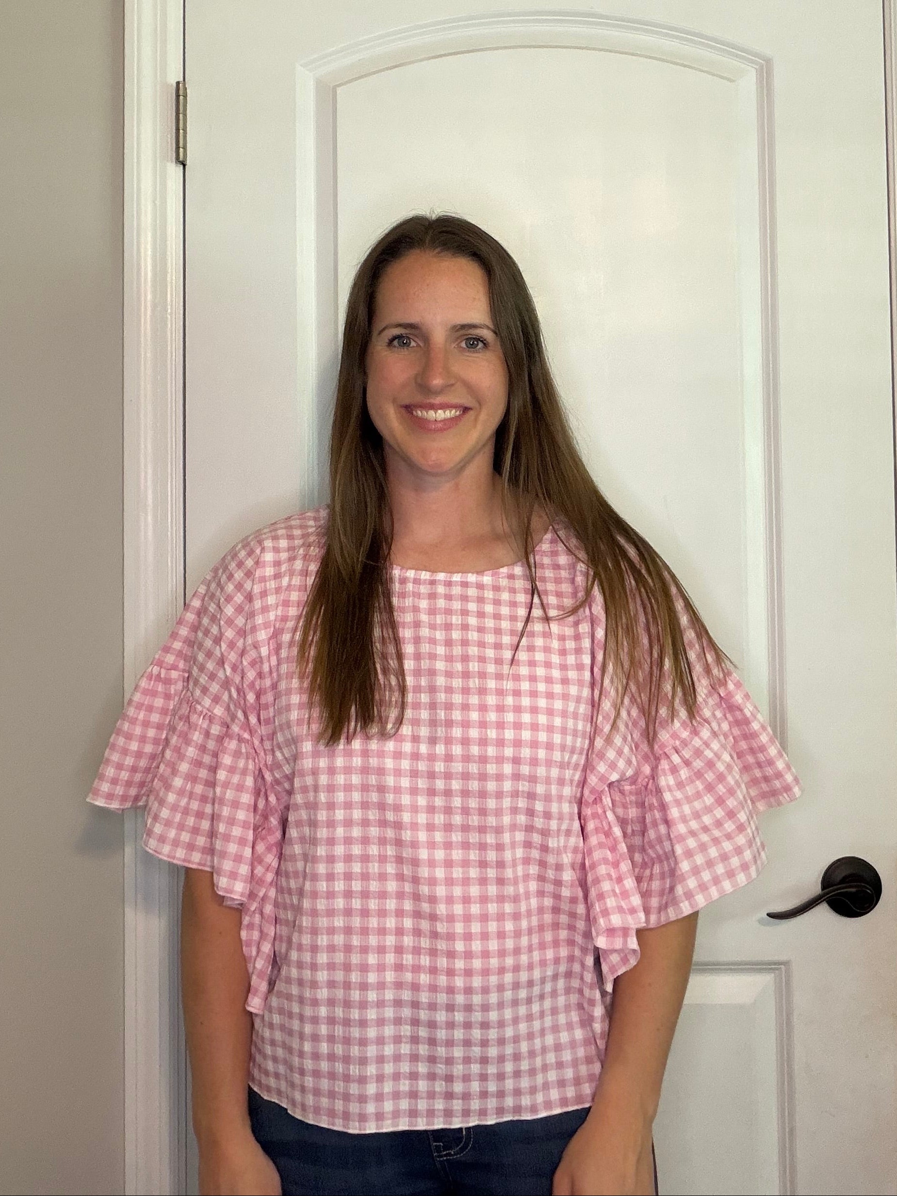 Pink Flowy Sleeve Gingham Top