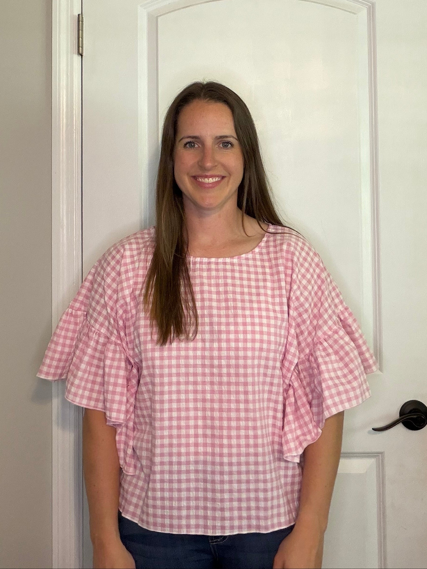 Pink Flowy Sleeve Gingham Top