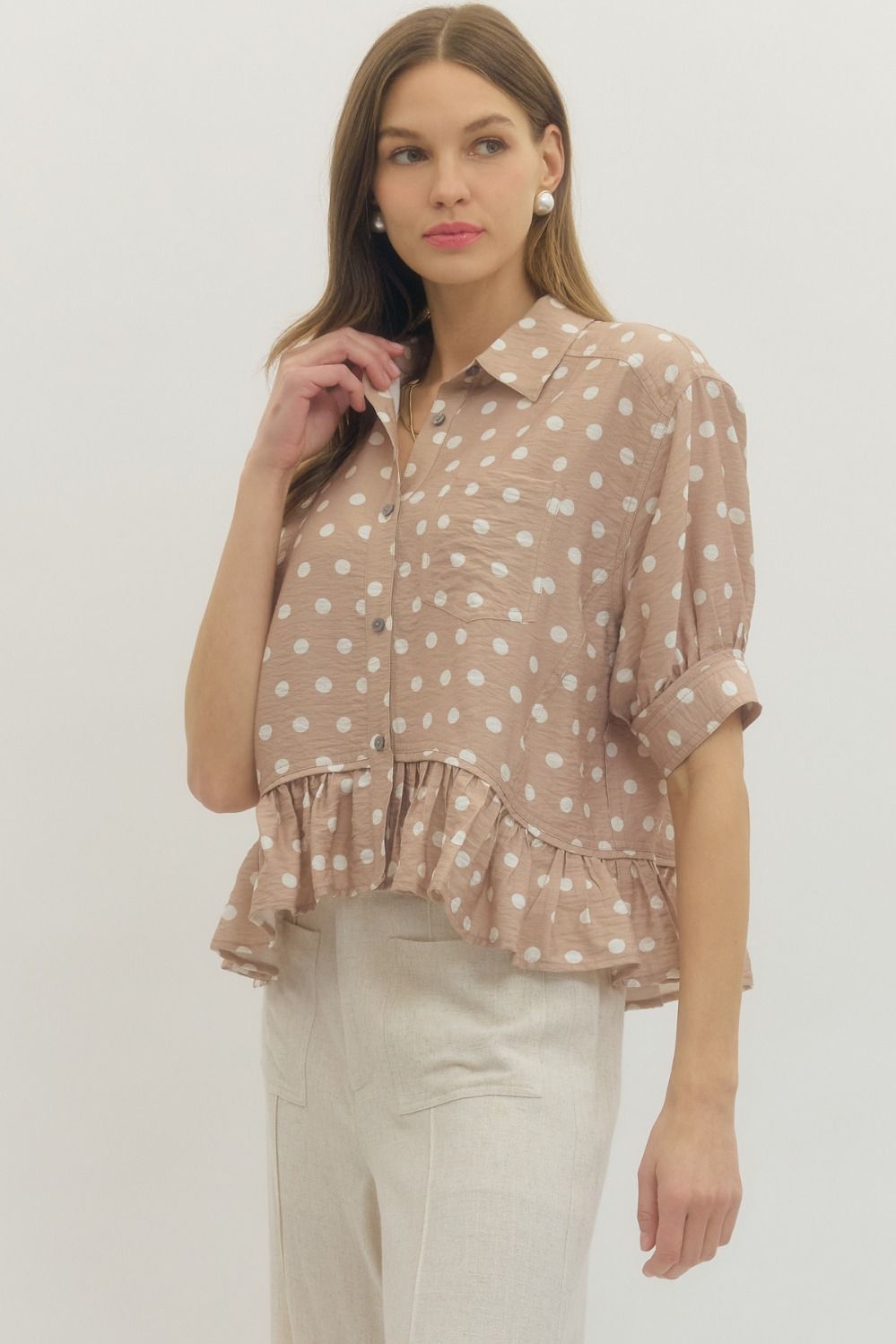 Polkadot Button Down Ruffle Top