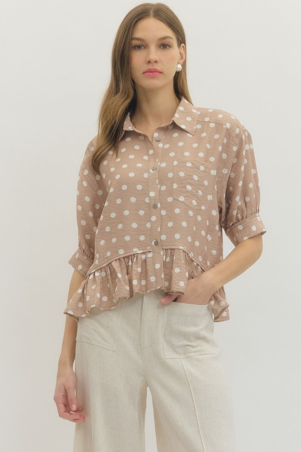Polkadot Button Down Ruffle Top