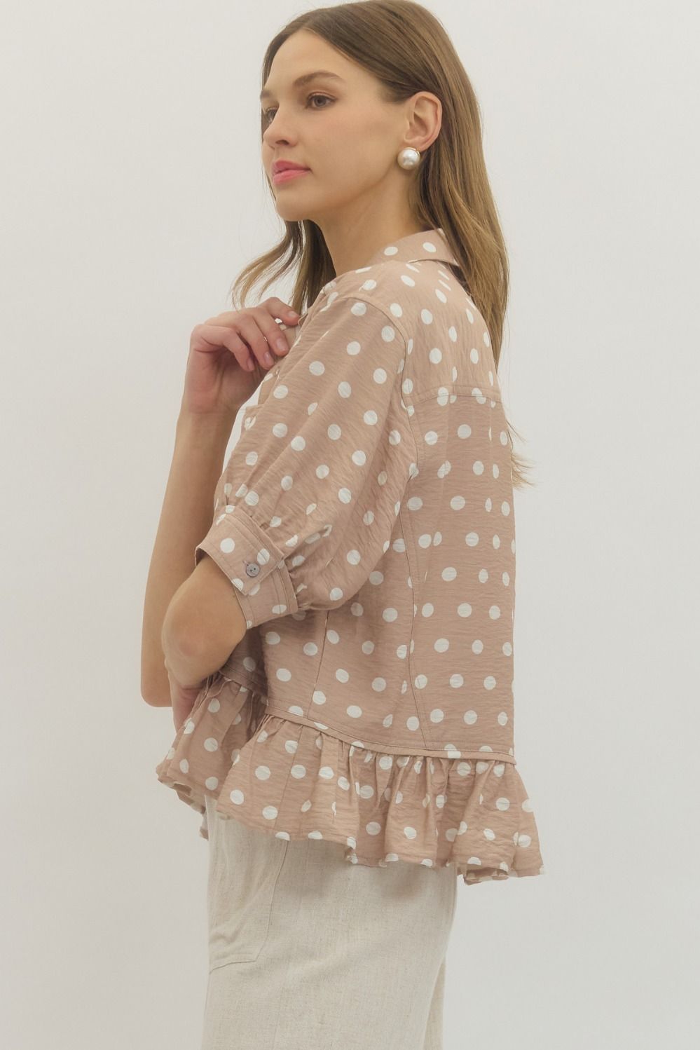 Polkadot Button Down Ruffle Top