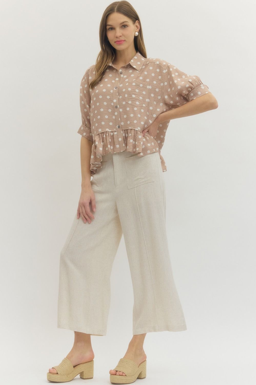 Polkadot Button Down Ruffle Top