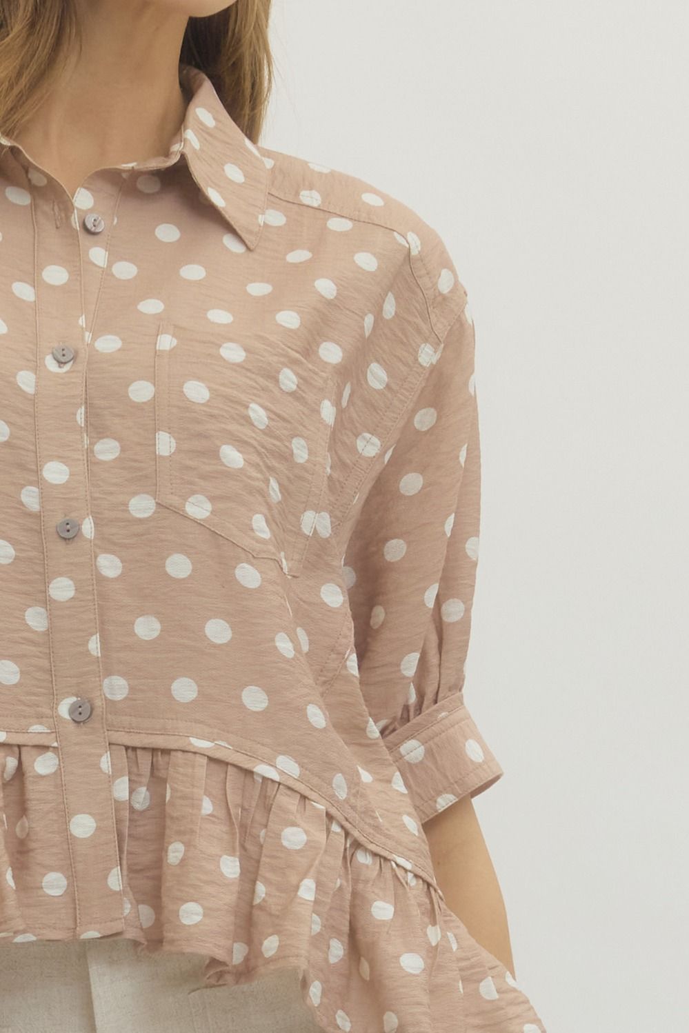 Polkadot Button Down Ruffle Top