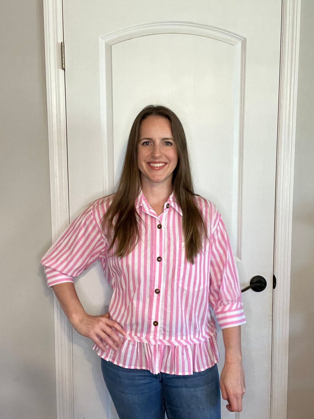 Striped Button Down Ruffle Top