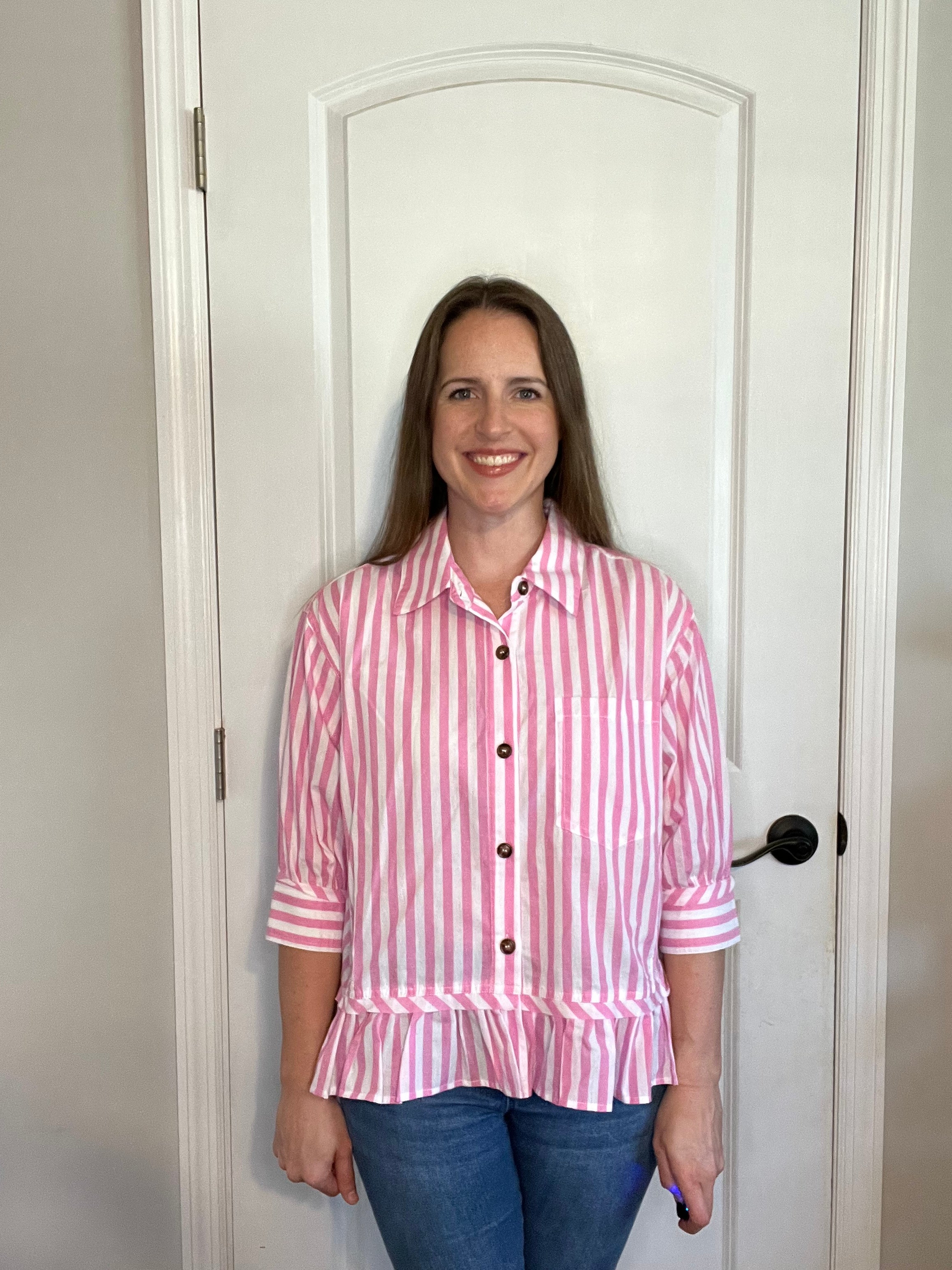 Striped Button Down Ruffle Top