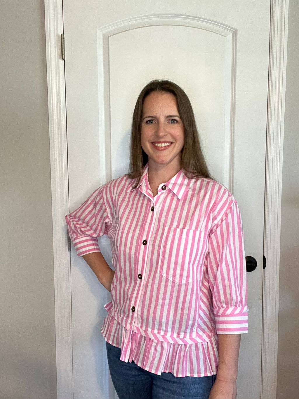 Striped Button Down Ruffle Top
