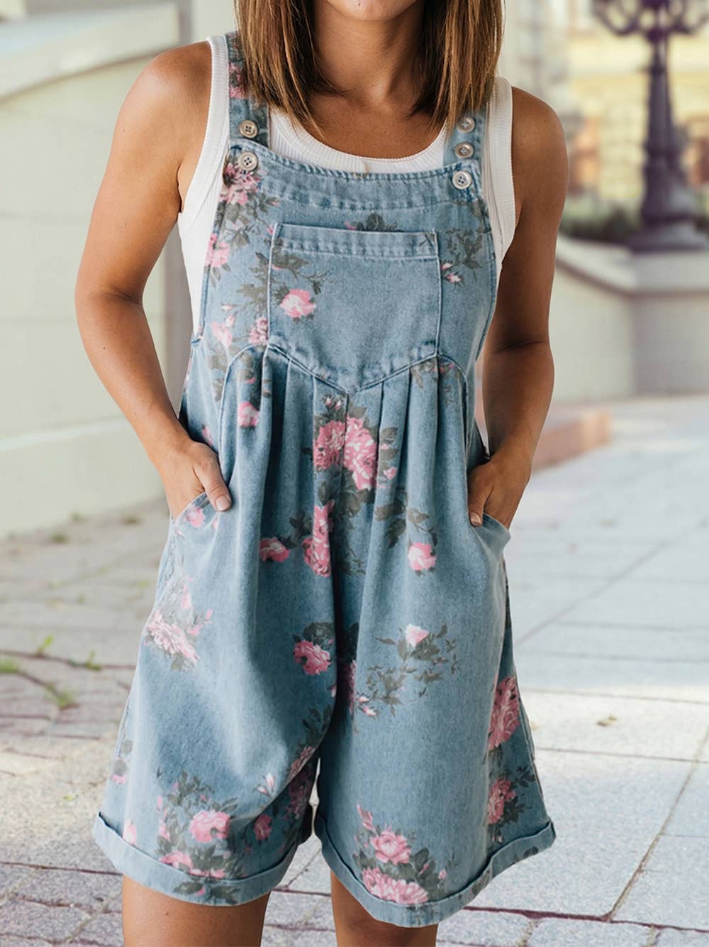 Floral Print Denim Shortalls