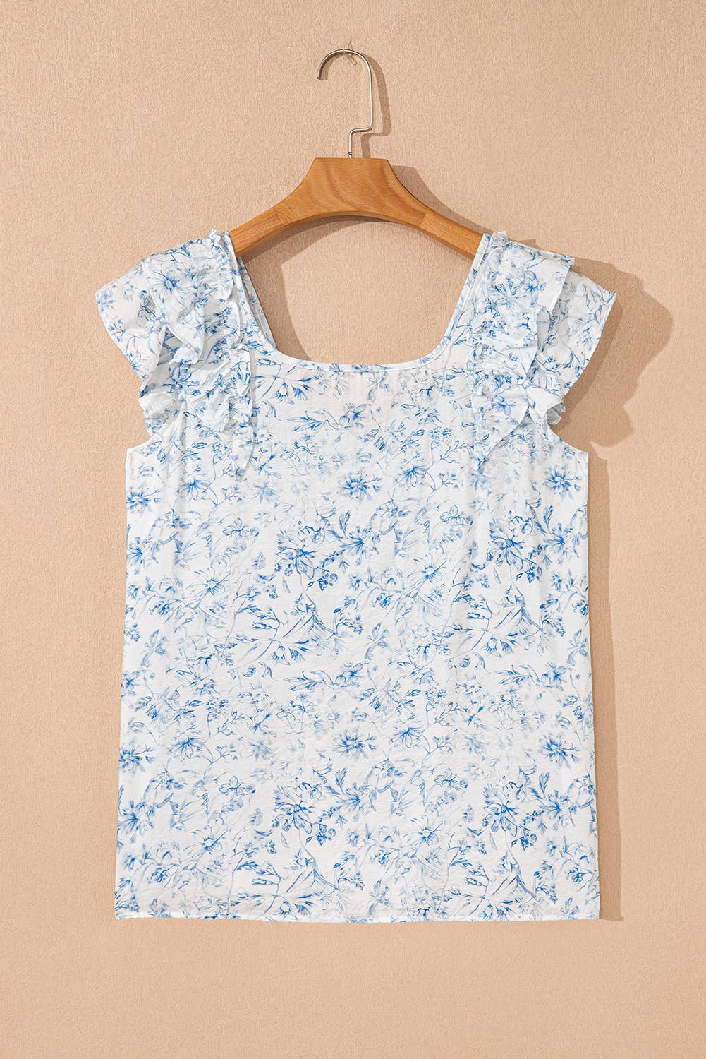 Blue Floral Ruffled Sleeve Bow Back Top