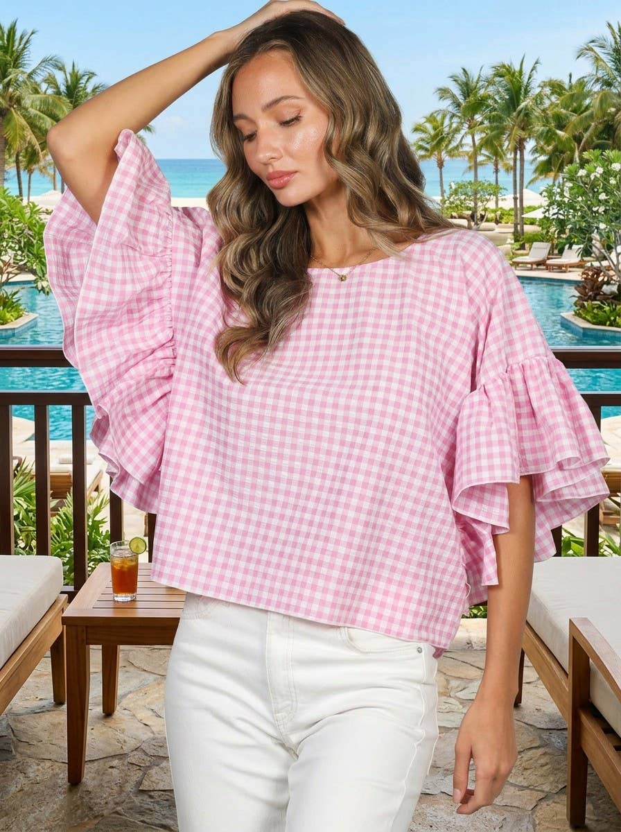 Pink Flowy Sleeve Gingham Top