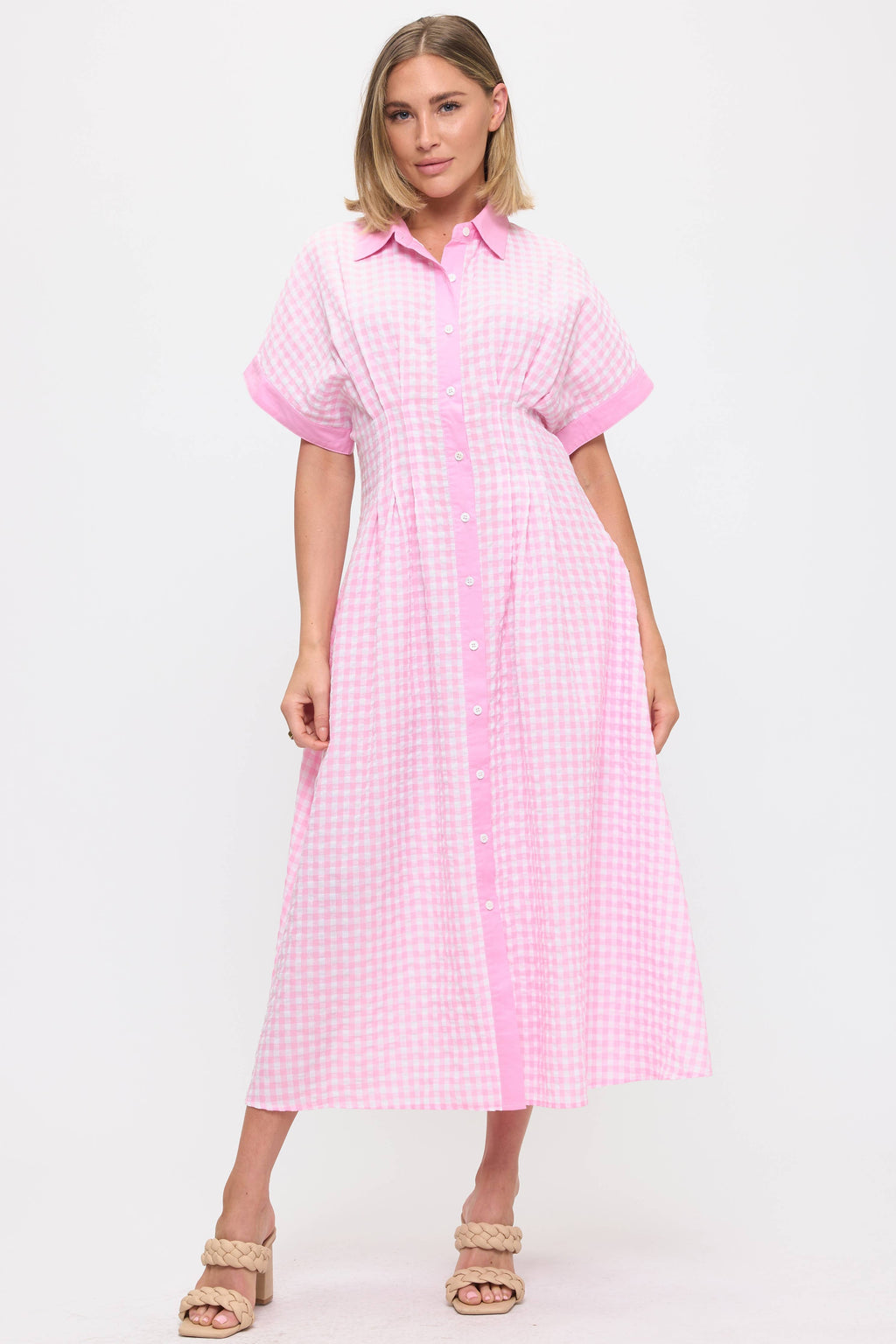 Pink Checkered Midi Dress