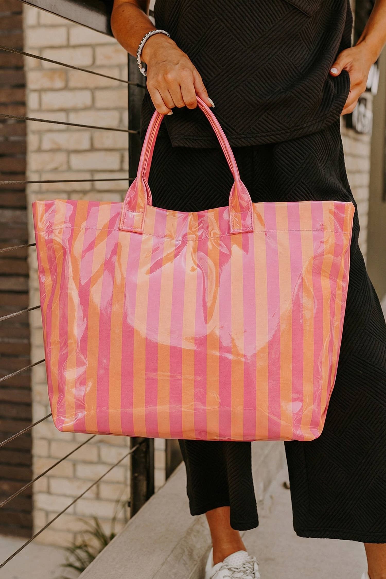 Glossy Striped Large Tote Bag