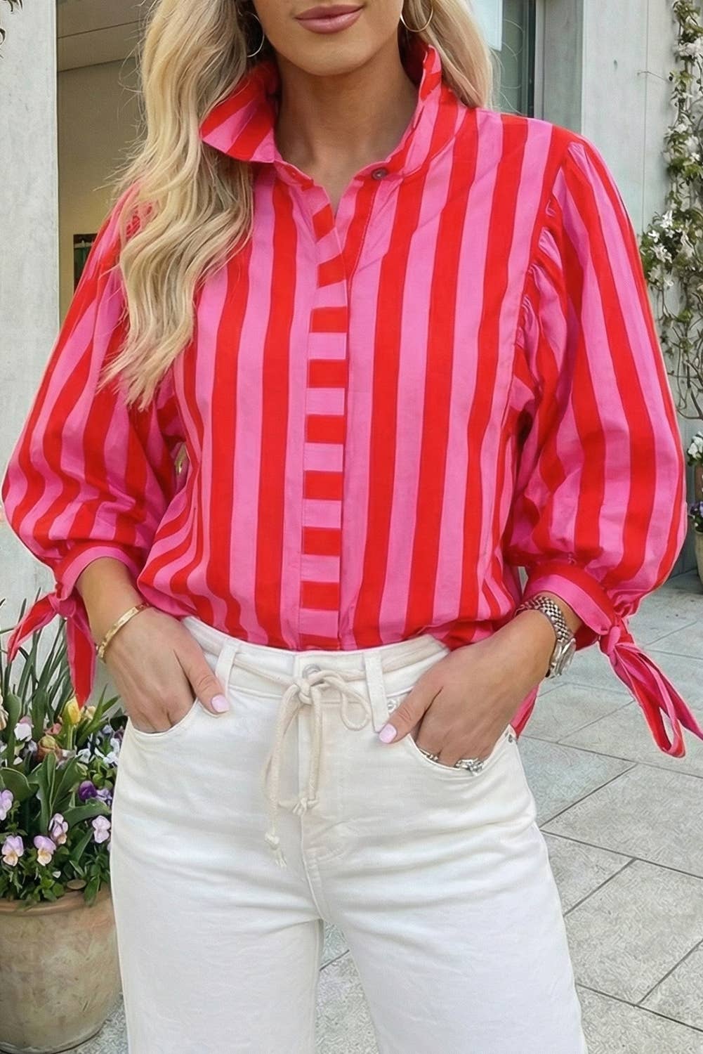 Pink & Red Striped Button Down Top