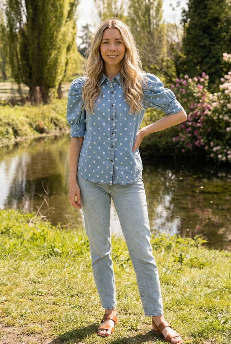 Polka Dot Collared Puff Sleeve