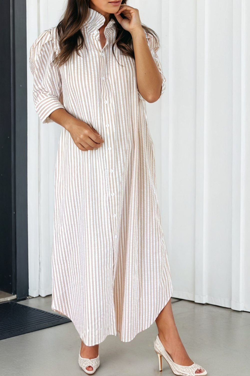 Stripe Frilled Half Sleeve Shirt Maxi Dress